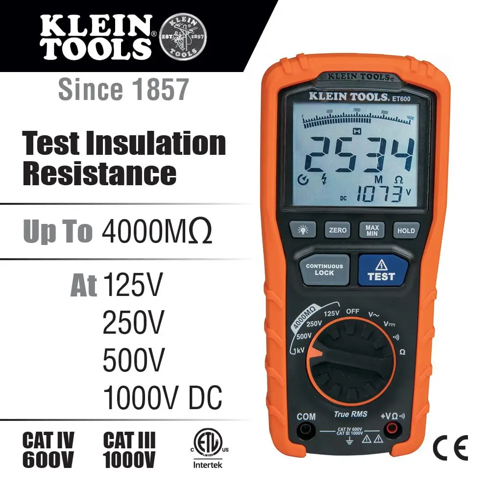 Professional Insulation Tester Multimeter, 4000MΩ Resistance, Auto-Ranging TRMS for Accurate Electrical Measurements