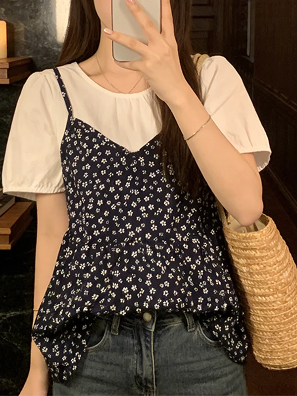 

plus Size Summer Floral Print Halter Neck Shirt Women's Stylish Versatile Meat Concealing Slimming Top Korean Style Blouse