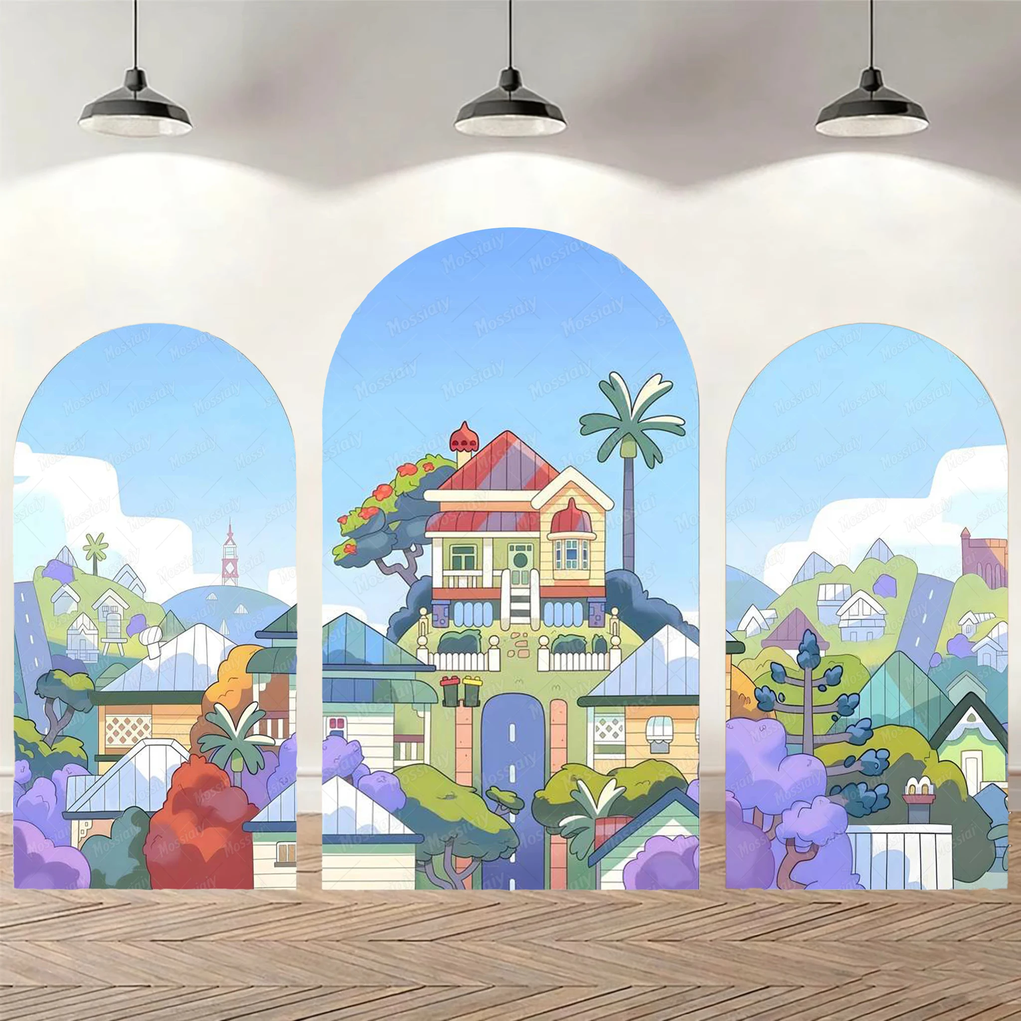 Fondo de tela elástica con diseño de casa de Bluey para decoración de fiestas de cumpleaños infantiles, baby shower y fotografía.