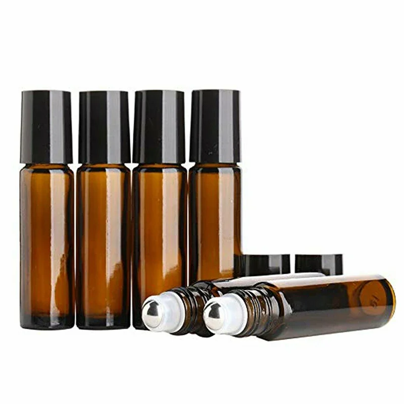 10PCS 5/10ml Amber Glass Empty Roll on Bottles Refillable Sample Test Essential Oil Vials with Roller Ball Liquid Container