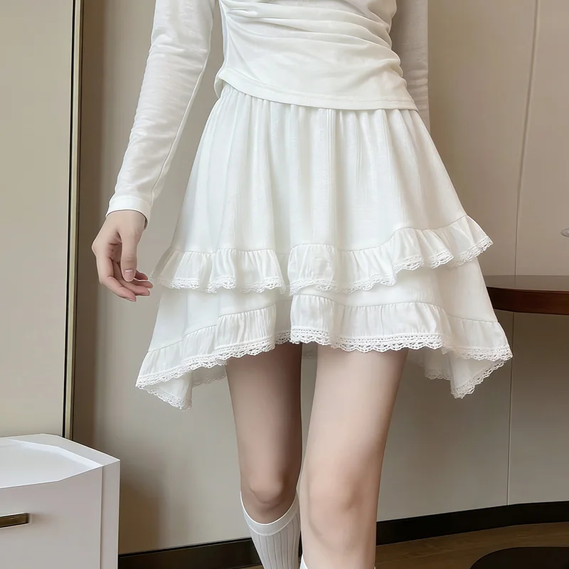 

Белая юбка-«рыбий хвост» с кружевной отделкой и эластичной талией, женская летняя новинка, повседневная, дышащая, приятная к телу, многоярусная юбка-«торт»