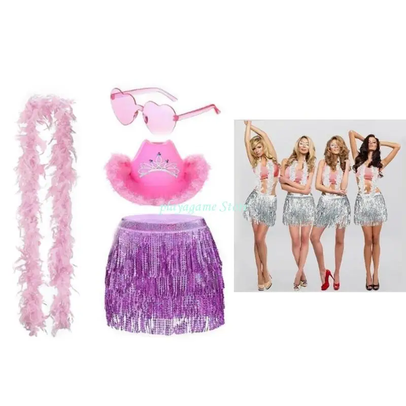 Y88A Omzoomd Cowboy Hoeden Sjaal Zonnebril Taille Riem Set Vrouwen Muziek Festival Dress Up Kostuum Vrijgezellenfeest Pak