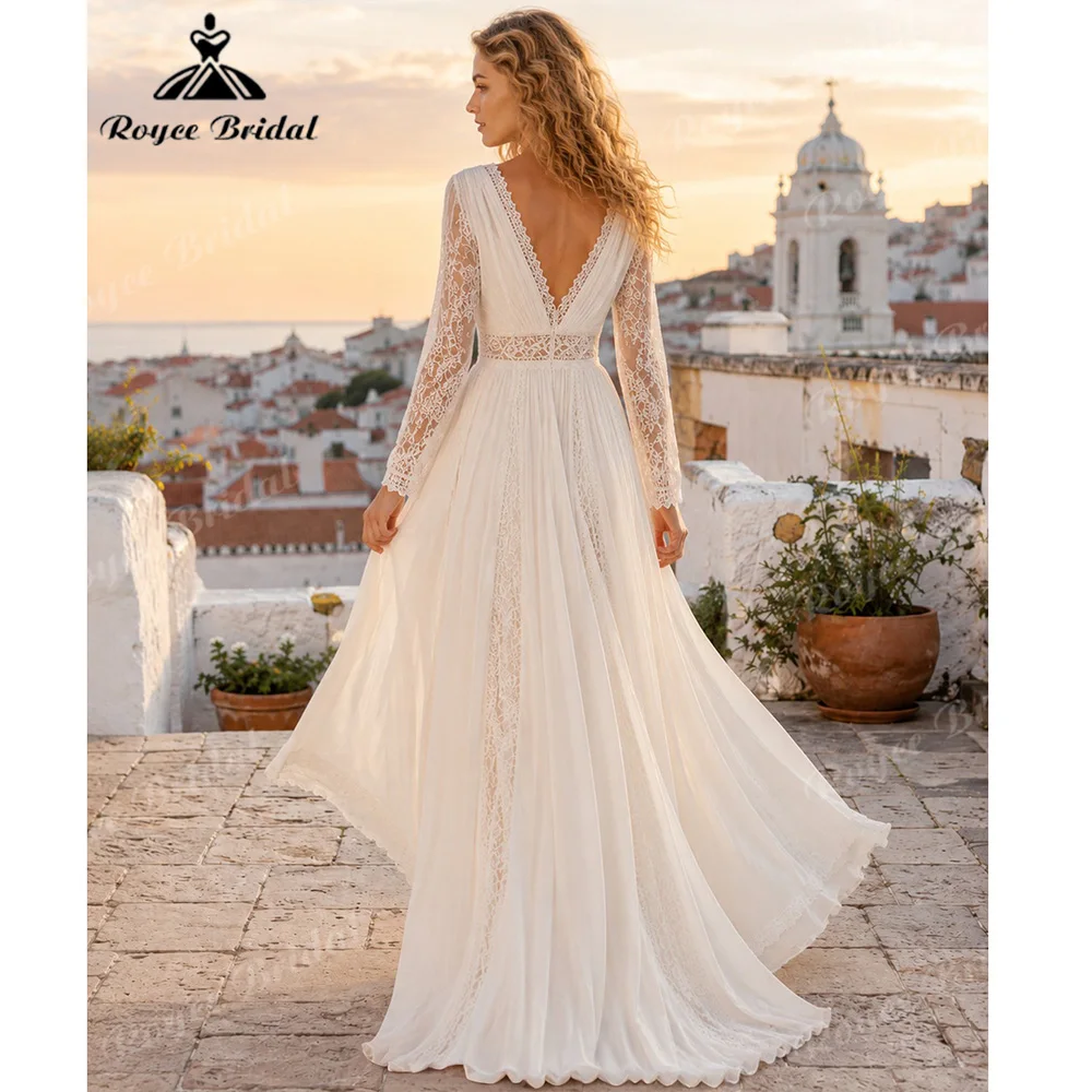 Boho Long Sleeve A Line Wedding Dress Deep V Neck Chiffon Crochet Lace Trim High Waist Vestido De Novia Sweep Train Customized