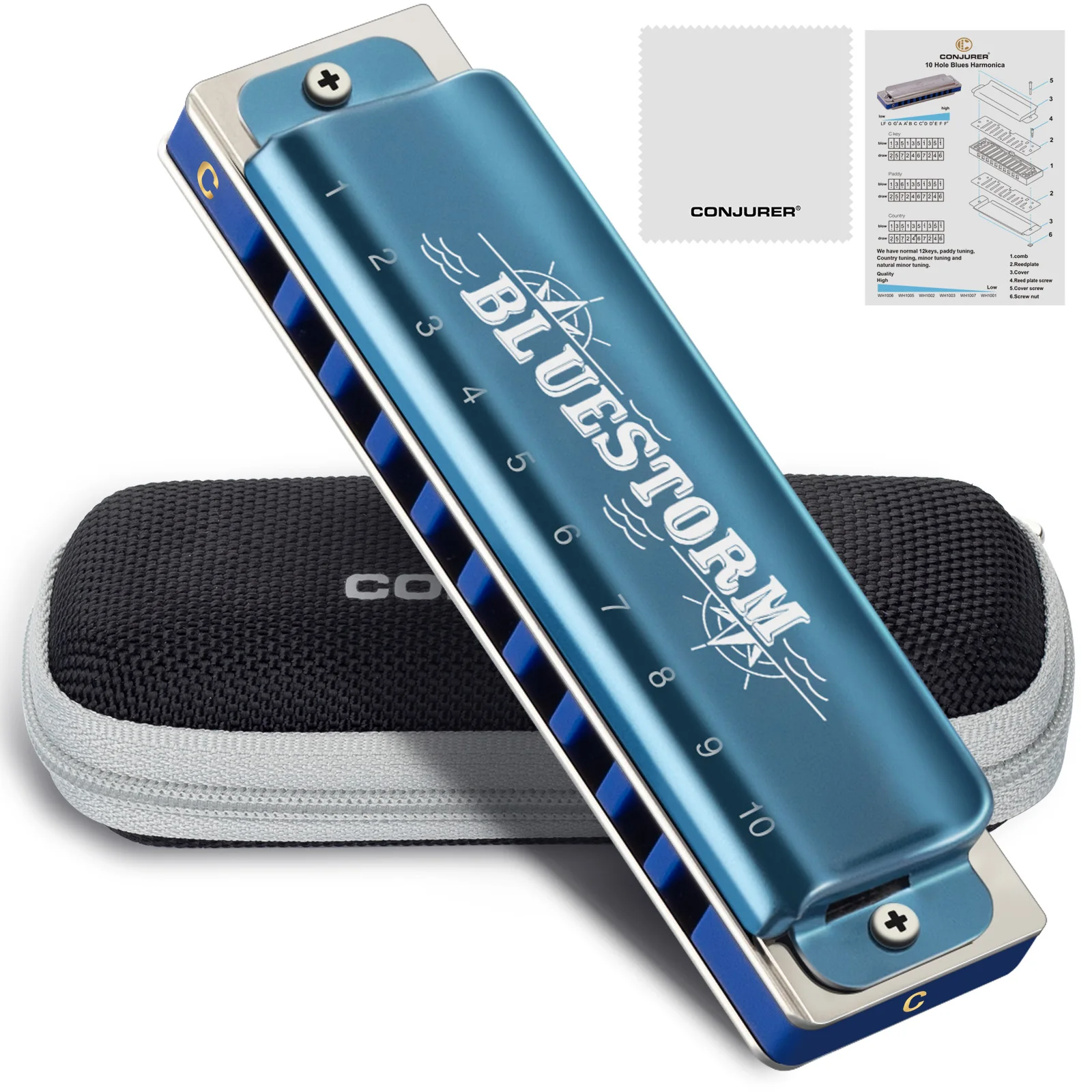 

CONJURER 10 Hole Diatonic Harmonica WH1005BS BLUESTORM in 12 keys for Professionals, Adults, Beginners and Gifts