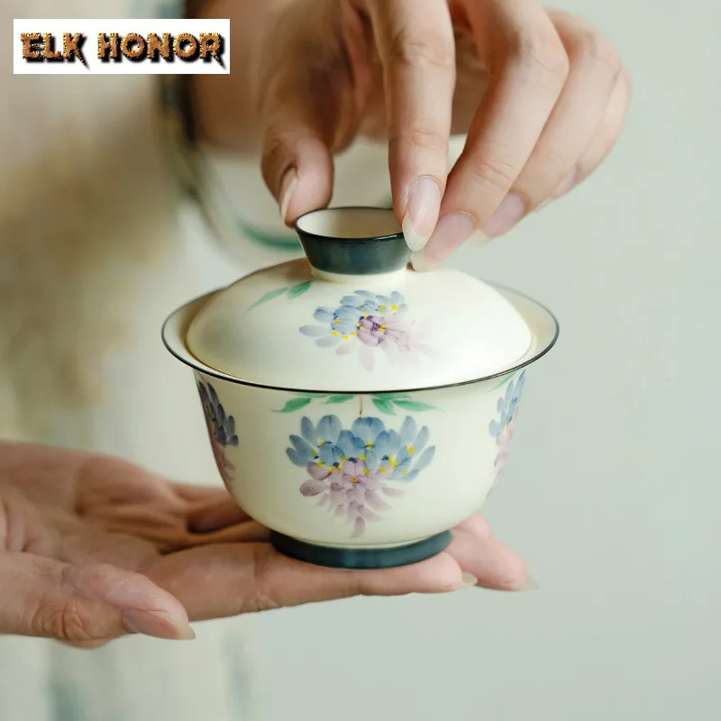 140ML Creative Hand-painted Wisteria Pollen Gaiwan Vintage Women's Tea Tureen Tea Maker Cover Bowl Tea Services Decoration Gift