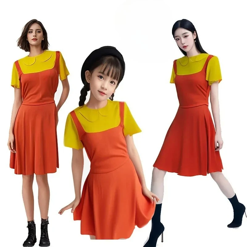 

Women Kids Korean Game Cosplay Costume Two Tone Crew Neck Mini Dress Short Sleeve Ruffle Dresses Halloween Movie Outfit