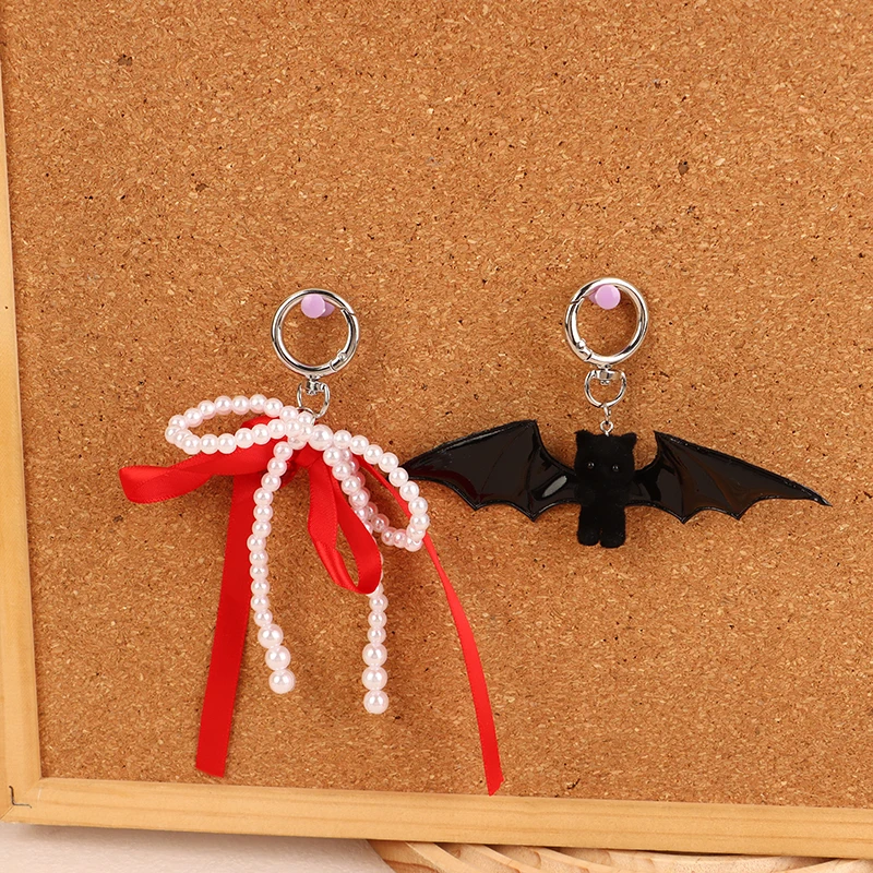 Halloween Flocking Bat Cat Keychain Sweet Cute Bow Pearl Keyring Phone Lanyard Bag Pendant Car Key Holder Couple Gifts