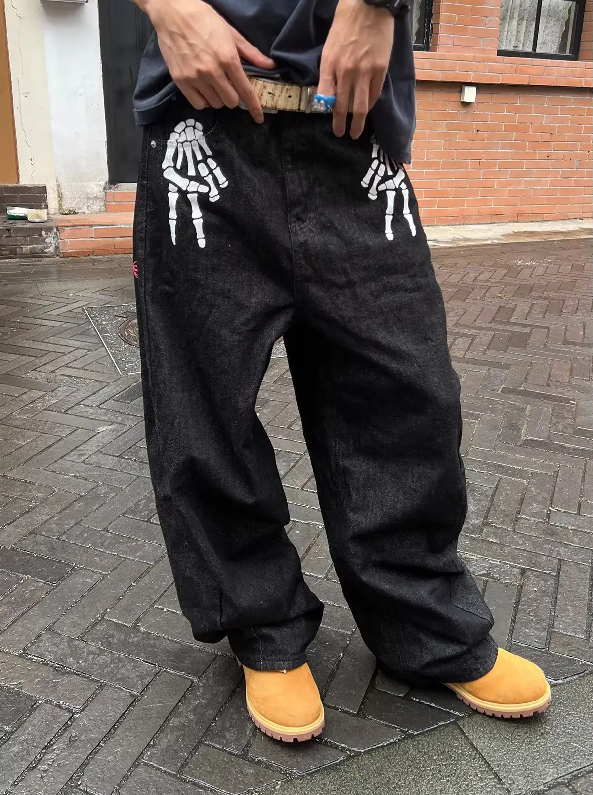 Men's Bone Print Jeans American Style Old Washed Wide Leg Retro Loose Fashion Trend Wide Leg Jeans Goth Pant Y2K Unisex view 3
