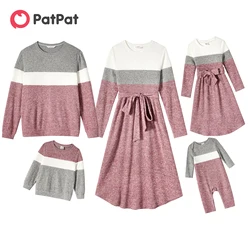 Patpat família combinando manga longa colorblock rib malha vestidos com cinto e pulôver conjuntos