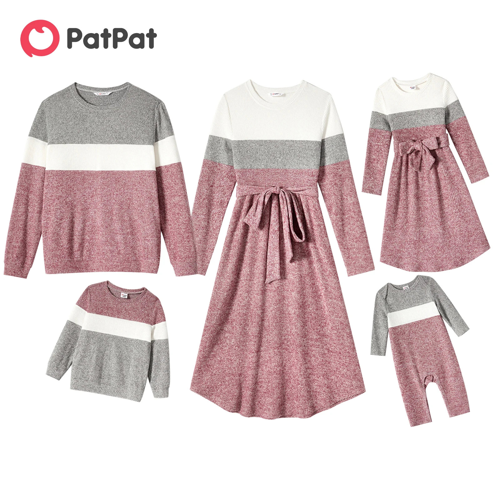 PatPat Family Matching Long-sleeve Colorblock Rib Knit Belted Dresses and Pullover Sets