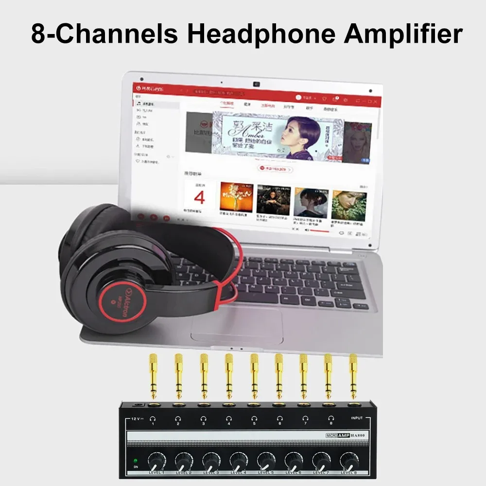 Professioneller Kopfhörerverstärker, 8 Kanäle, HiFi-Stereo-Audioverstärker, ultrakompakter Mini-Verstärker mit Stereo-/Mono-Schalter Professional Headphone Amplifier 8 Channels HiFi Stereo Audio Amplifier