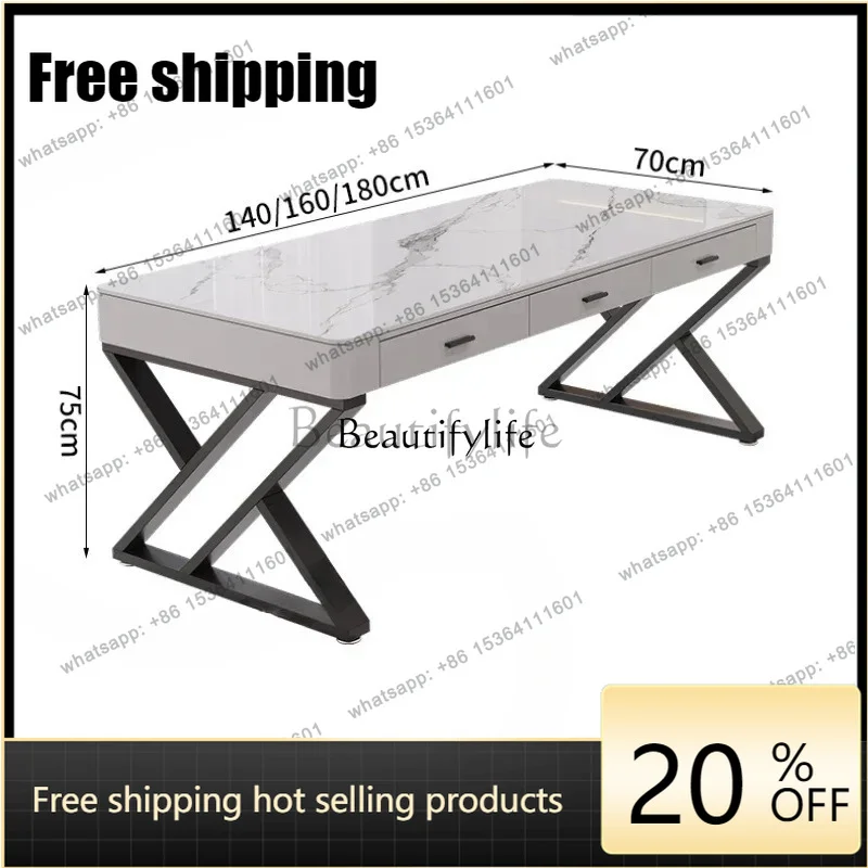 HJ Nordic Multifunction Study Computer Desk Light Luxury Rock Board Office Desk Modern Simple Single Boss Desk