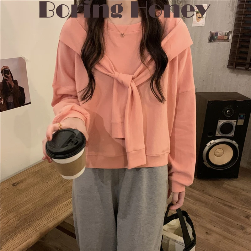 

Boring Honey Fake Two Piece Pullover Sweatshirts Loose And Comfortable Round Collar Solid Colors Shawl Hoodies Women Blouses