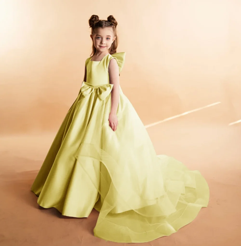 Square Neck Sleeveless A Line Pleat A Line Flower Girl Dress Floor Length Sweep Train Long Ball First Communion Gown Customized