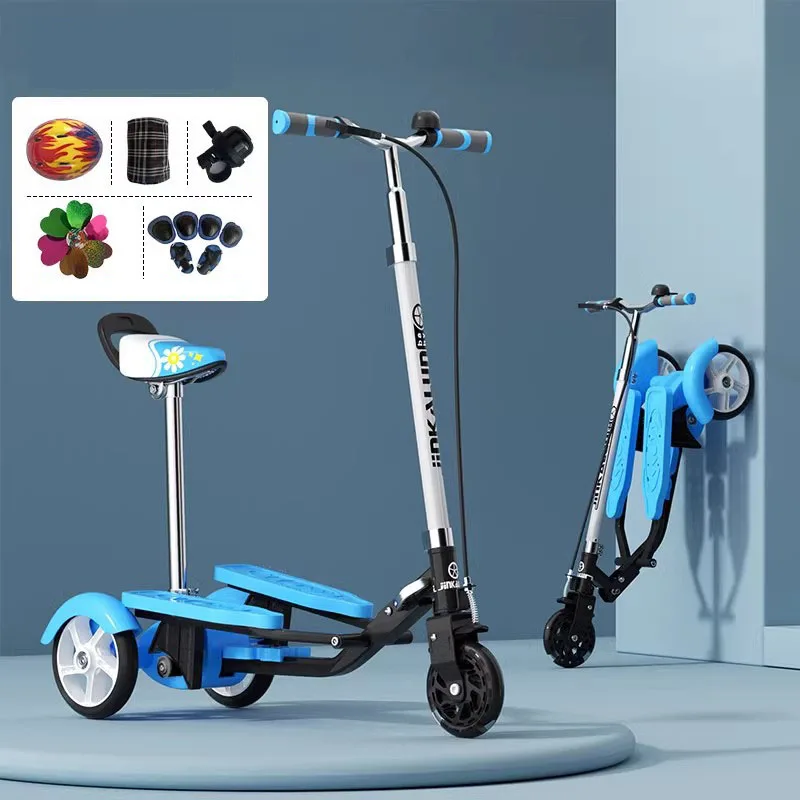 

Portable Kids Pedal Scooter with Seat Can Sit & Ride, Foldable 3-Wheeled Stepper Scooter for 4-12 Years Old Kids