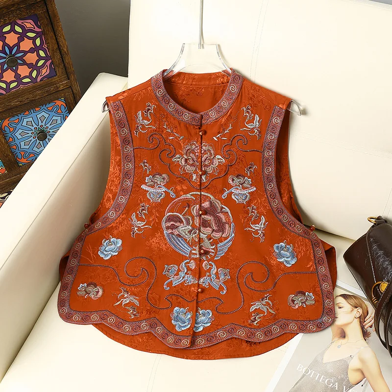 Retro Chinese Tang Suit Sleeveless Vest Women Luxury Ethnic Floral Embroidery Mandarin Collar Waistcoat Casual Daily Wear