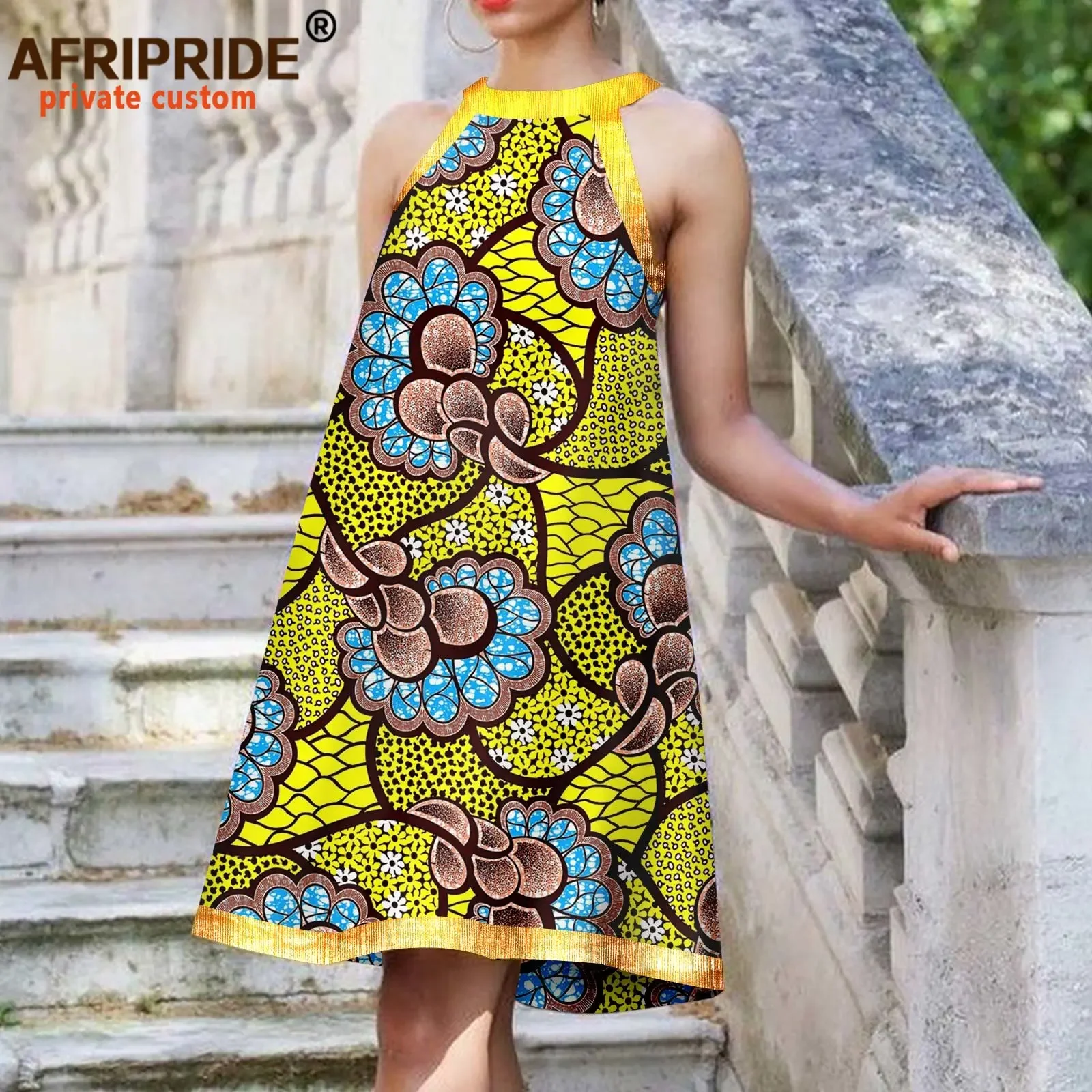 

African Dresses for Women Sleeveless O-neck Ankara Print Dress Traditional Elegant Fasion Loose Dress Wax Attire A2225037