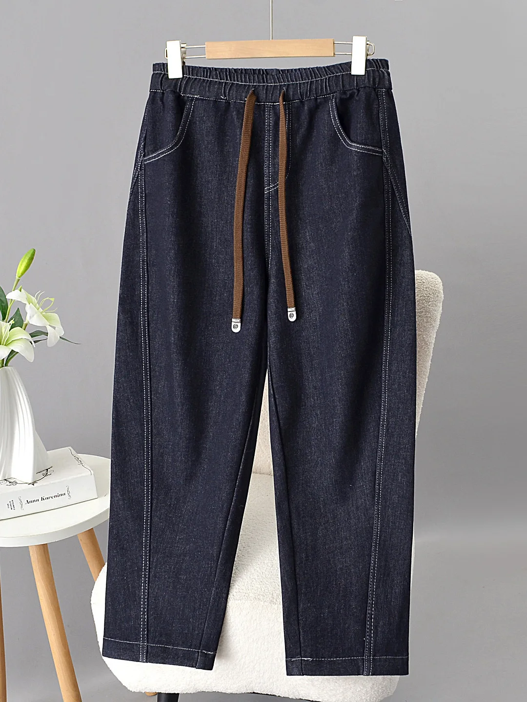 

plus Size Winter High Waist Wide Leg Fleece Lined Bootcut Jeans Loose Fit Comfortable Thickened Denim Casual Trousers for Women