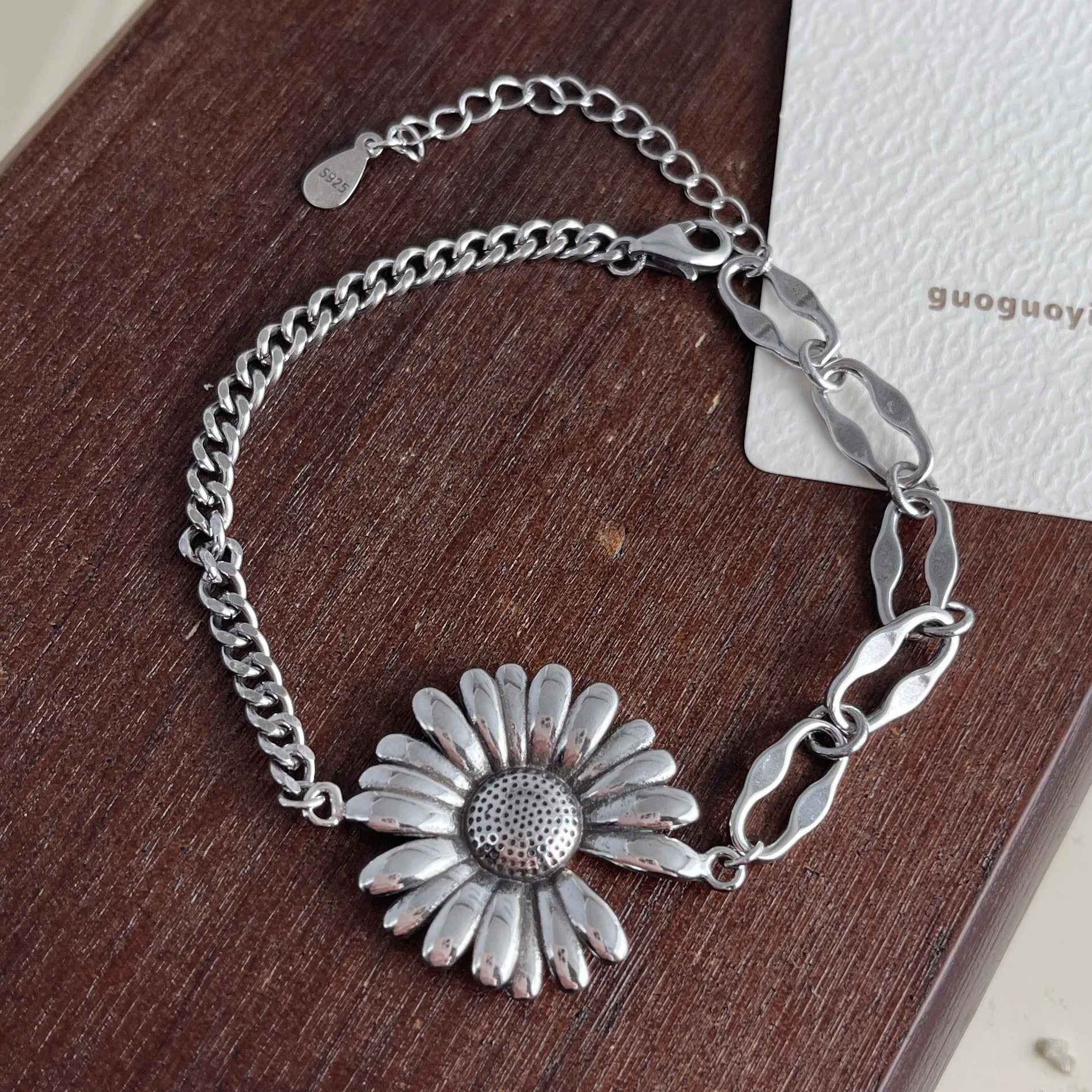 100% Solid 925 Sterling Silver Metal Bracelet for Women Vintage Handmade Simple Retro Flower  Bracelet Birthday Gift Party
