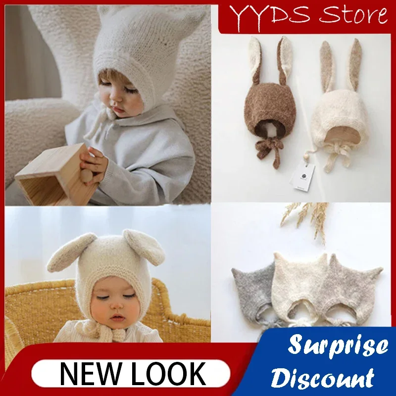 Ins-Sombrero de felpa de conejo de dibujos animados para recién nacido, gorro de algodón con protección para los oídos de encaje, lindo niño y niña,