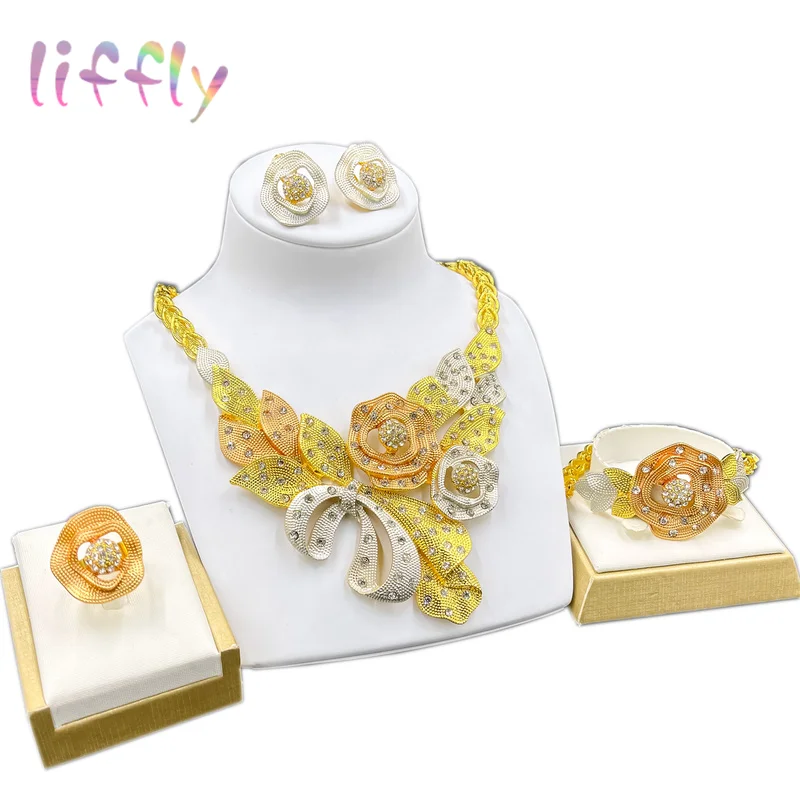 

Liffly Dubai Fashion Gold Color Jewelry Sets for Women Multicolor Big Necklace Earrings Wedding Jewelry Set