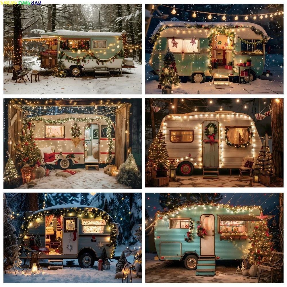 Winterliche Schnee-Bus-Hintergründe Camping Wald Weihnachten Auto Kinder Familie Porträt Fotografie Weihnachtsbäume Hintergrund Fotostudio