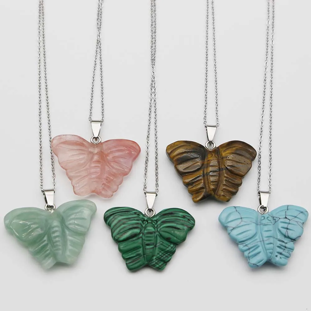 Natural Stone Crystal Agate Carved Butterfly Pendant Exquisite Stainless Steel Chain Necklace Charm DIY Jewelry Accessories 4PCS