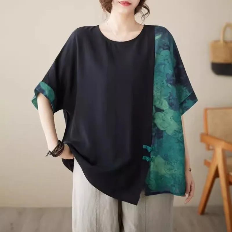 Temperament Chinese Style Summer Women\'s Round Neck Printing Tie Die Patchwork Button Split Short Sleeve Loose T-shirt Tops