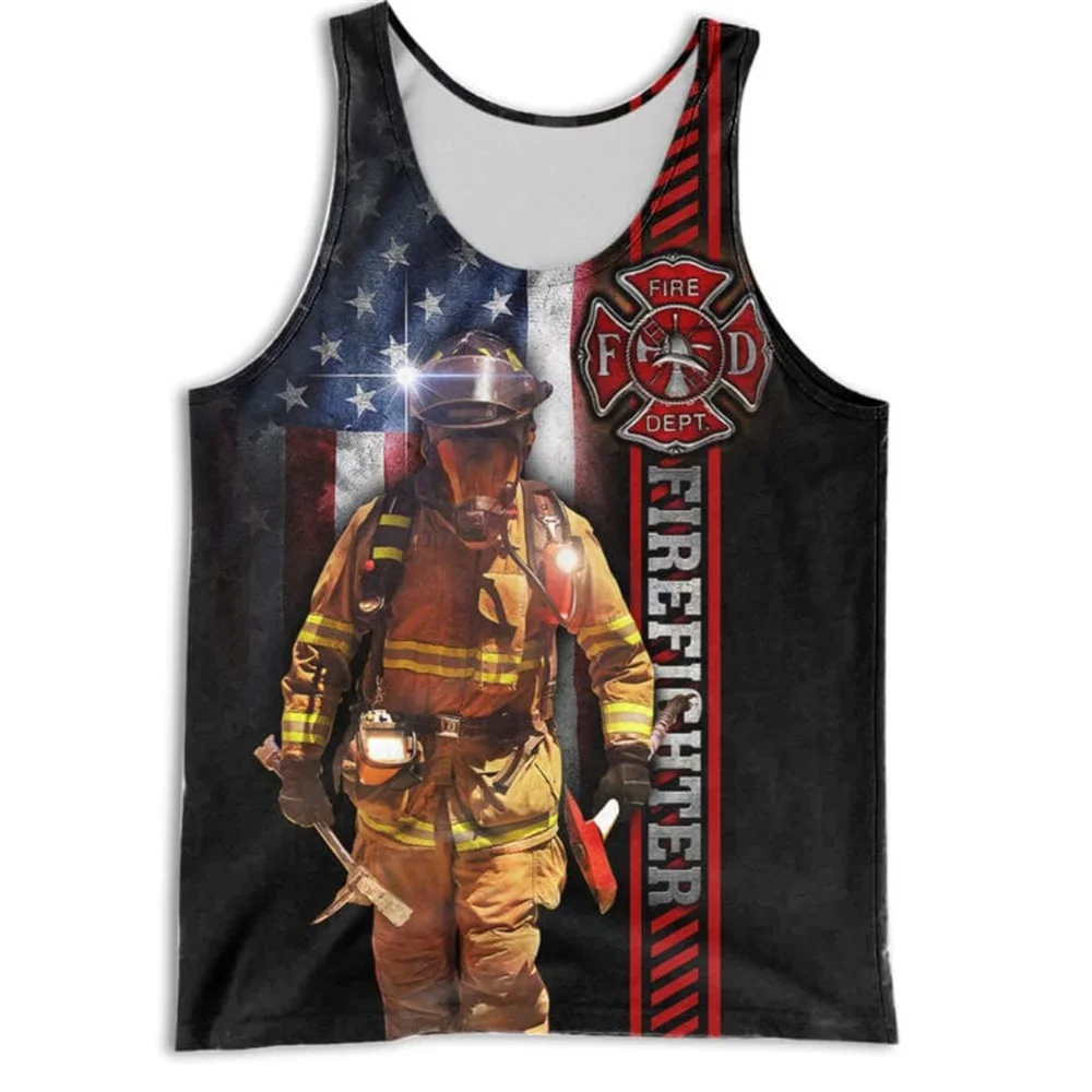 

MSIEESO Men Vest Firefighter Badge 3D Graphics Printed Men Tank Tops Fashion Streetwear Sleeveless Casual Summer Cool Tank Tops