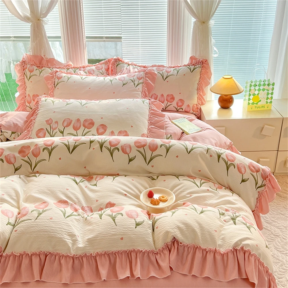 

Flower Bedding Set Bed Sheet Princess AB Double Sided Ruffle Four Piece Set Quilt Cover Pillowcase Girls Bedclothes Home Textile