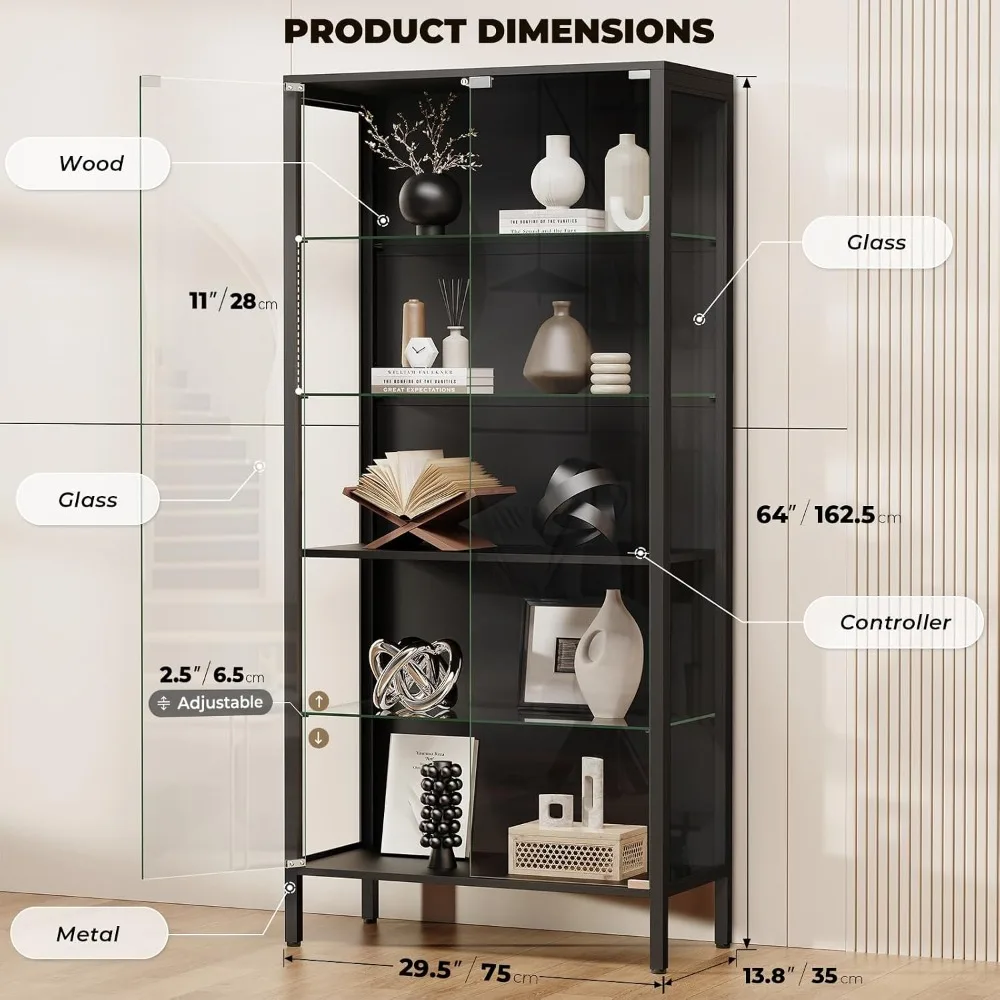 5-Tier Glass Display Cabinet Curio Case Adjustable Shelves 3 Color Lights Black