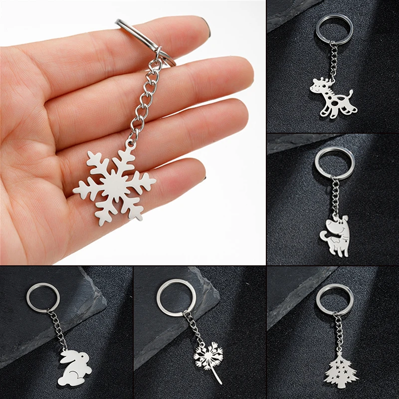 Christmas Stainless Steel Tree Snowflake Charm Key Chain Cute Deer Rabbit Keyring Girl Xmas Party Keychain Bag Purse Accessories