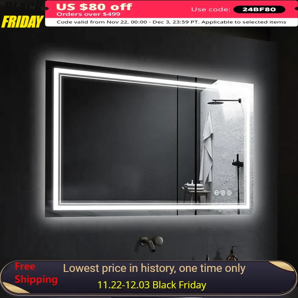 

40" X 32" Bathroom Mirror, Anti-Fog Shatter-Proof & Dimmable, Front Lit and Backlit, Lighted Vanity LED Bathroom Mirror