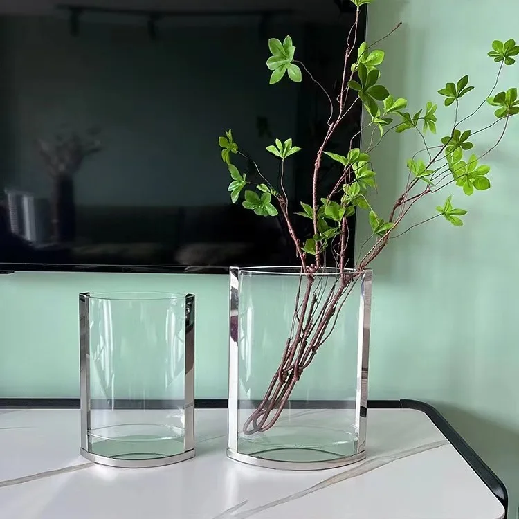 Modern simple metal hemming glass flower ware dining room vase model room living room entrance light luxury