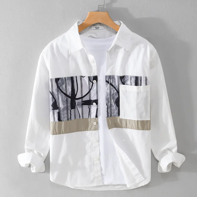 

Мужская повседневная свободная хлопковая рубашка с длинным рукавом для весны и осени, легко сочетающаяся, с лоскутным дизайном, модная, молодежная, от китайского бренда