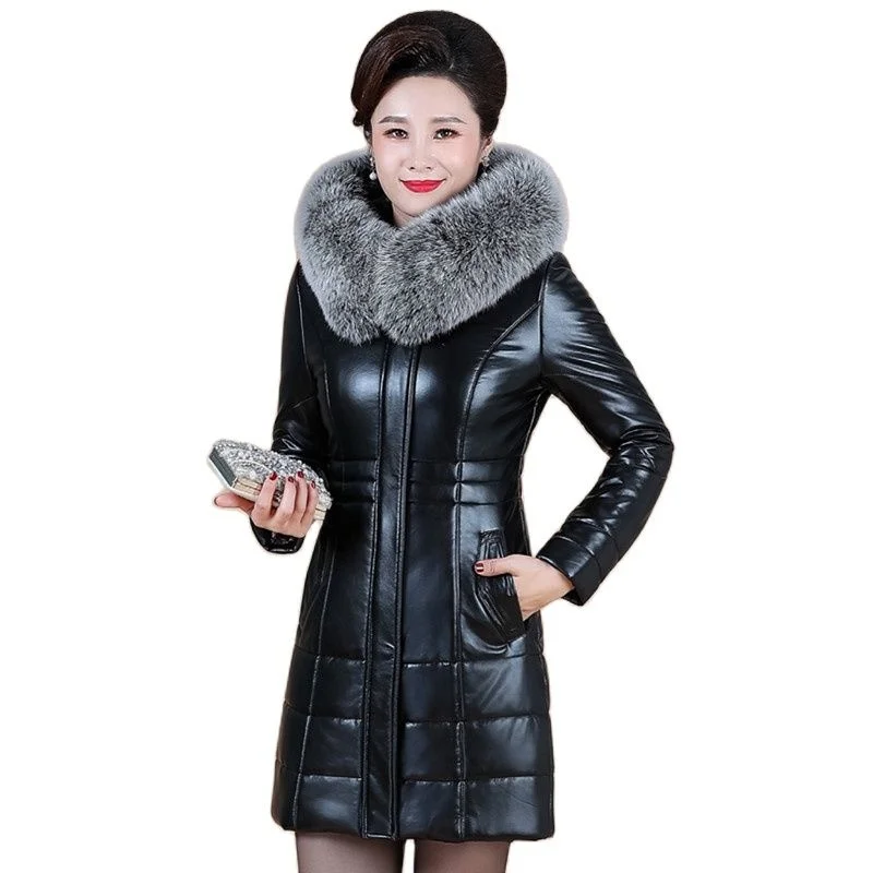 Long L-8XL Leather Women Coat Winter 2023 Mother Sheepskin Outerwear Thicken Warm Camel Overcoat Fur Collar Hooded Jacket Female