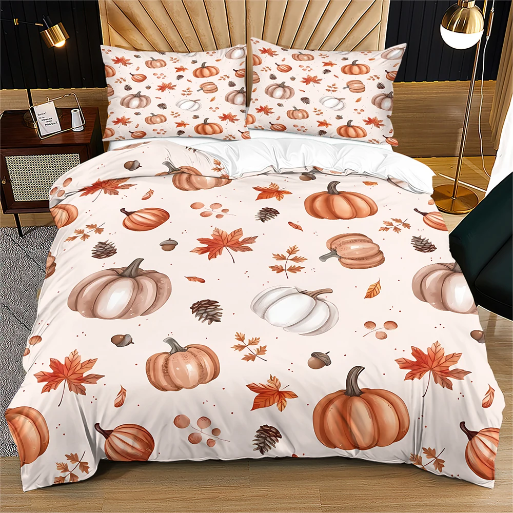 Watercolor Pumpkin Duvet Cover Set Neutral Light Beige Autumn Maple Leaf Pine Cone Print Bedding Set Twin / Full / Queen / King