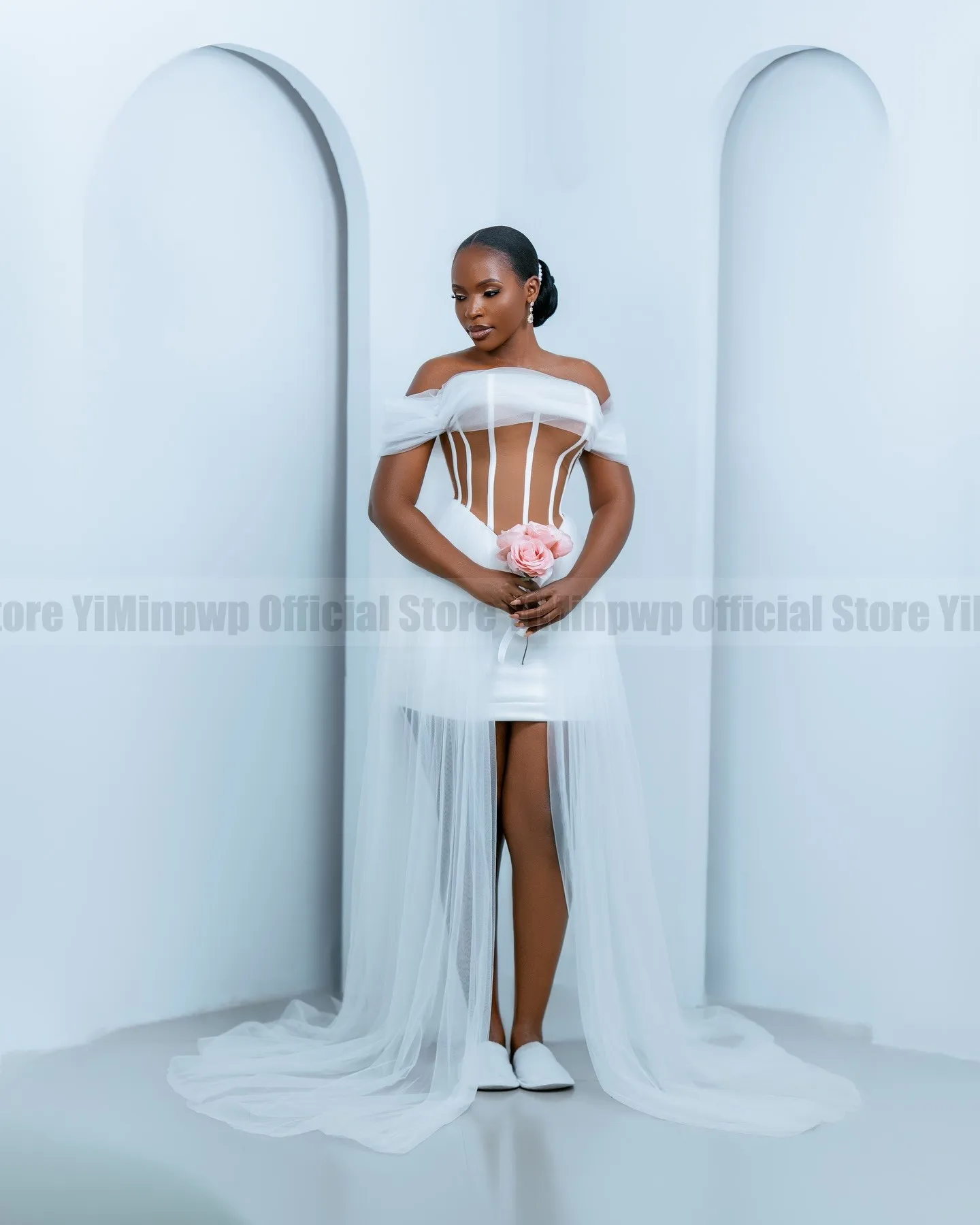 Nigeria White Wedding Robe Dress Off Shoulder Front Split Corset Tulle Bride to be Bridal Shower Photoshoot Dress Customized