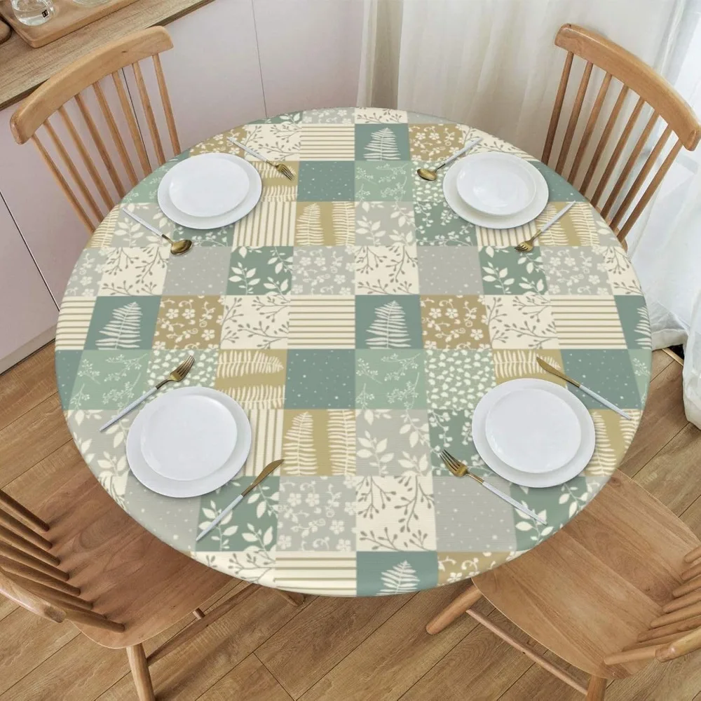 Ferns Sage Green Fitted Table Cloth Cover Round Fitted Tablecloth with Elastic Table Cloth Fits 40