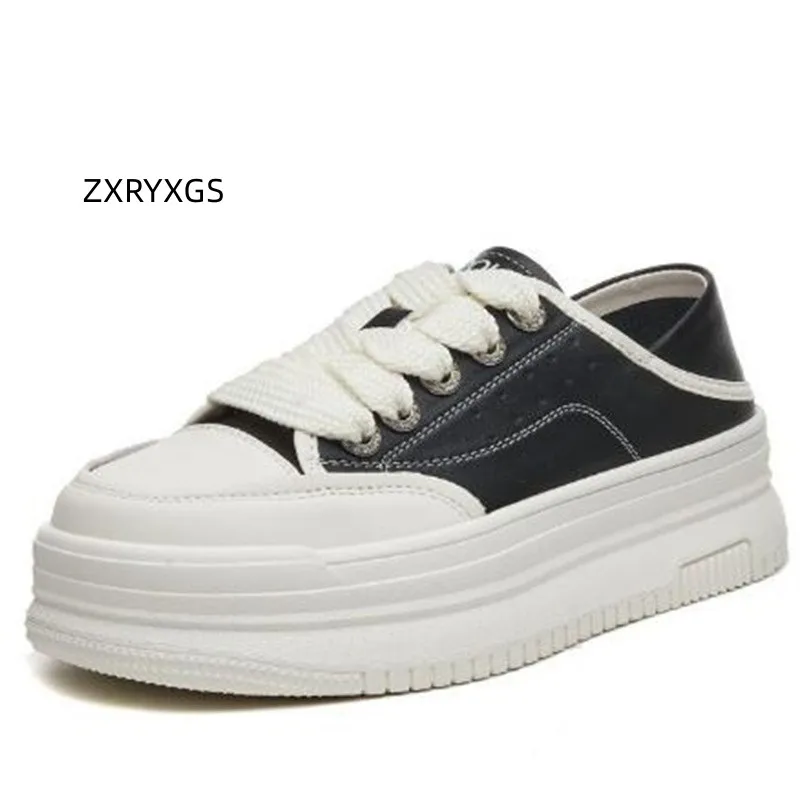 

ZXRYCGS Popular Autumn Genuine Leather White Shoes Woman Leisure Sneakers 2023 Lace-up Single Black Shoes Flat Platform Sneaker