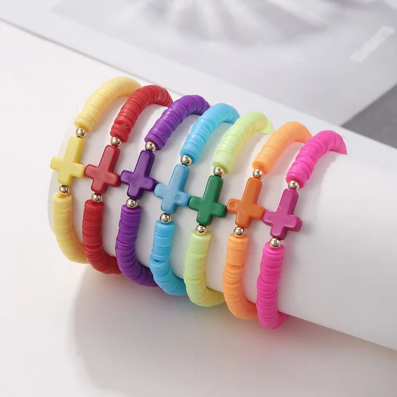 7pcs/set Bohemian Colored Polymer Clay Cross Bracelets for Women New Summer Fashion Simple Handmade Friendship Bracelet Gift