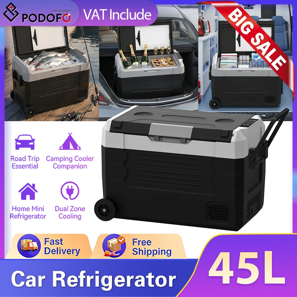 Réfrigérateur de voiture pliable Podofo 45L, mini réfrigérateur-congélateur avec roues, compresseur, prise EU, pour camping, pique-niques, voiture, maison