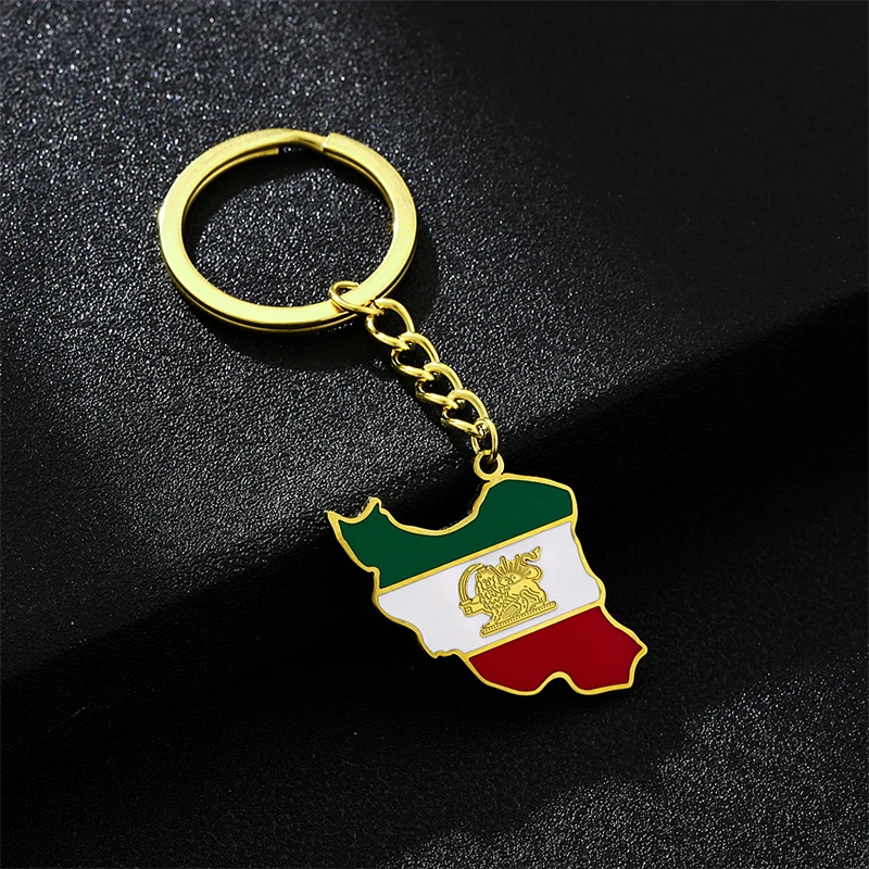 Trendy Iran Map Flag Keychain for Men Women Stainless Steel Pendant Key Chain Gold Color Enamel Iranian Amulet Accessory Gifts