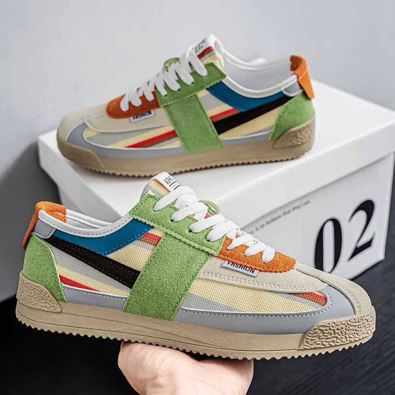 Men's Retro Color Block Training Sneakers, Multi Color Patchwork Low Top Lace Up Casual Shoes, Breathable Canvas Suede Fashion