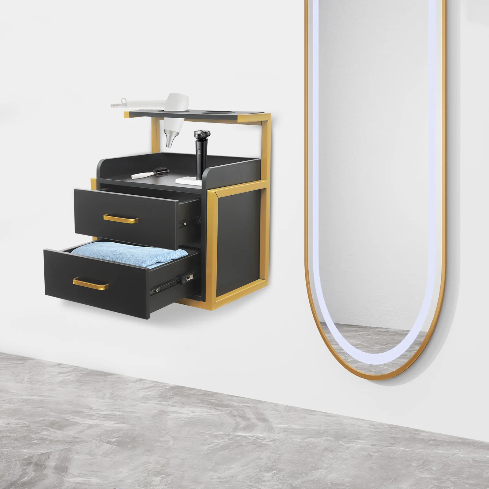 Gold Black Modern Rectangular Wall Mounted Salon Storage Cabinet Density Board Iron Paint Free Board 2 Drawers 50KG Load Capacity Wall Hanging Organizer Cabinet For Hair Salon Barber Shop Spa Bathroom Bedroom Bedside Storage view 7