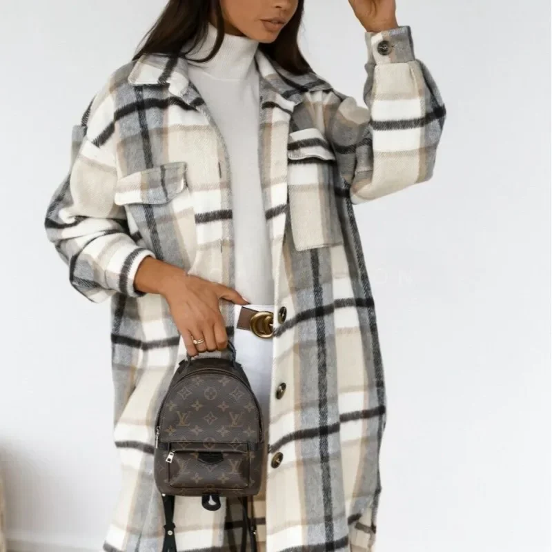 

Woman Clothing Woolen Plaid Jacket Long Sleeve Female Clothes Trench Fashion Mid Length Warmth Overcoat Autumn Winter Thickening