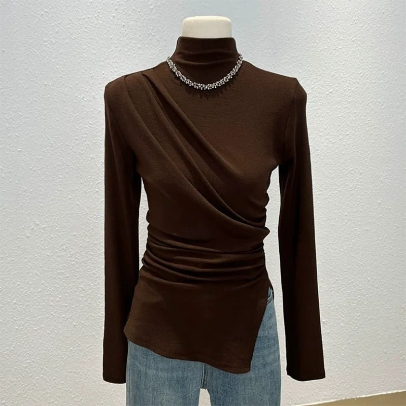 

Pure Cotton Split T Shirt Women Slim Fit Long Sleeve Folds Half Turtleneck Tees Female Elegant Vintage Autumn Bottoming Tops New