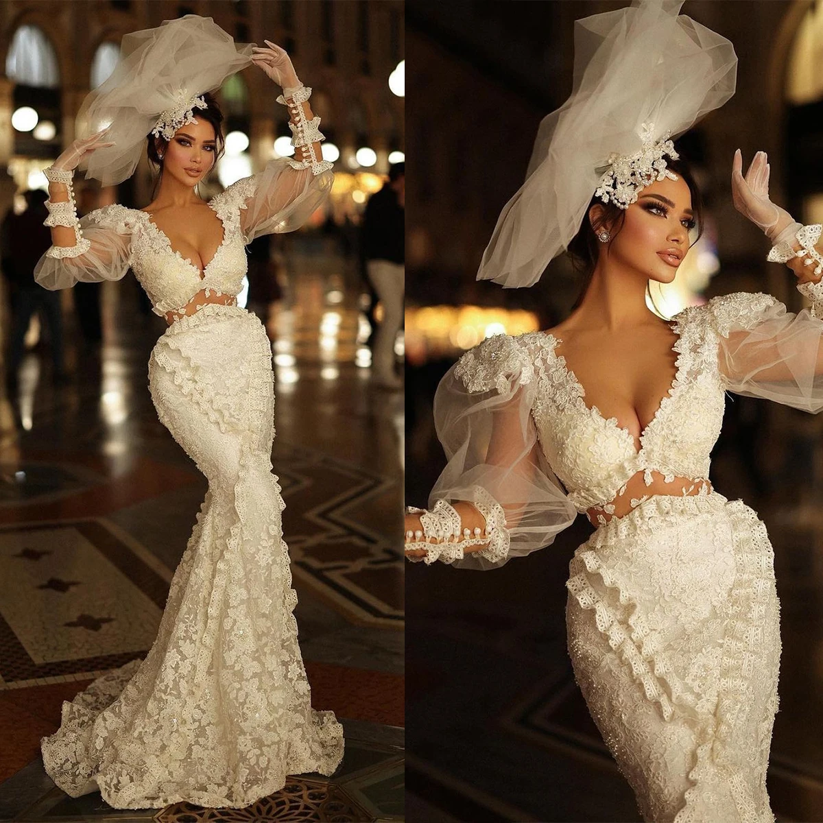 

Stylish Wedding Dresses Long Sleeves Deep V Neck Sequins Appliques 3D Lace Beaded Celebrity Bridal Gowns Vestina De Novia