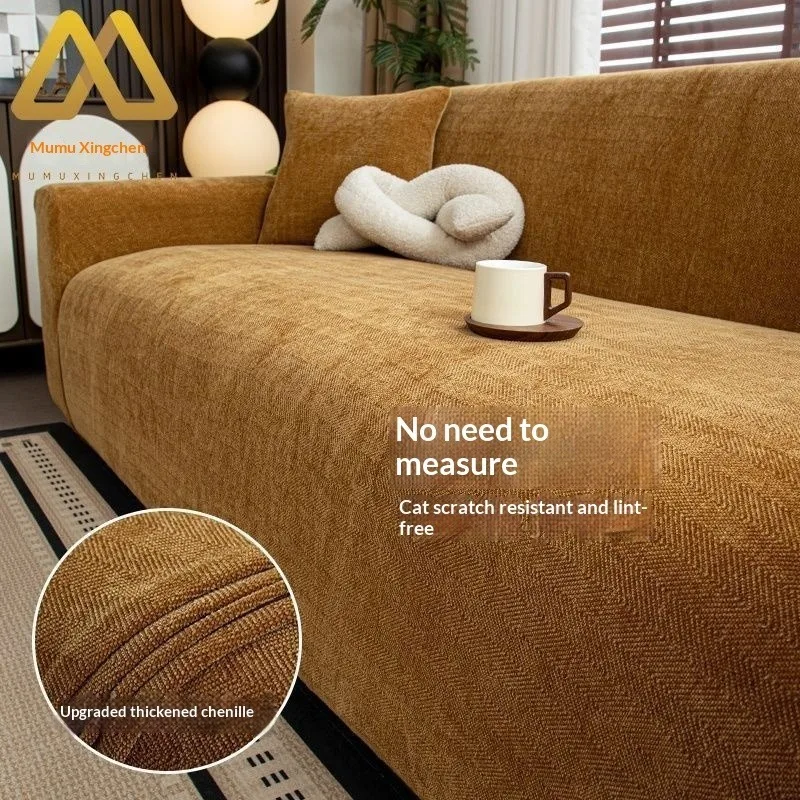 Chenille Herringbone Full Cover Sofa Slipcover, Wear-Resistant Anti-Slip Cat Scratch Proof Sofa Protector, All-Season Cushion