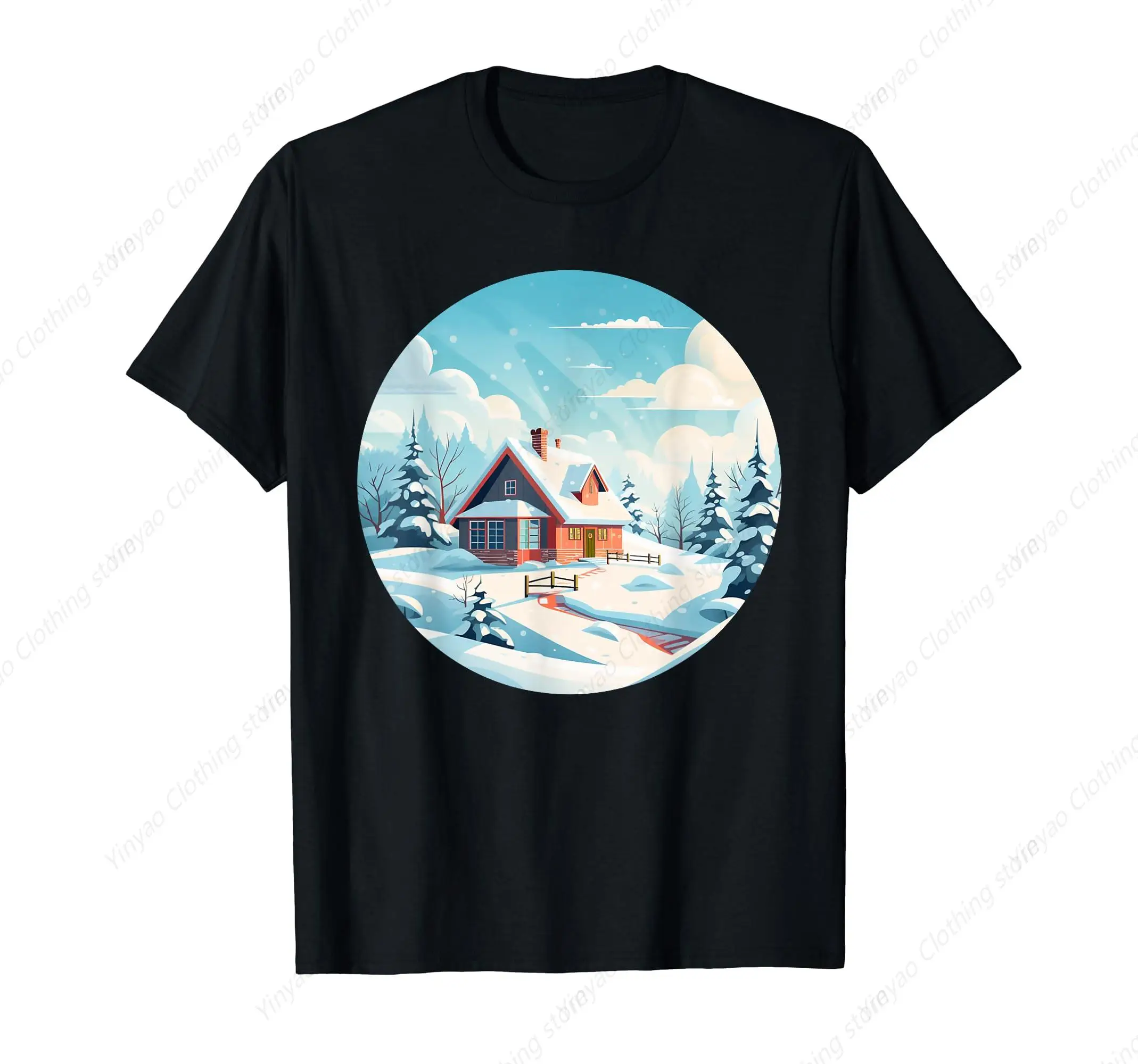 

Snowy wooden cabin warm T-shirt gift for men and women fashionable casual loose cotton daily short sleeved